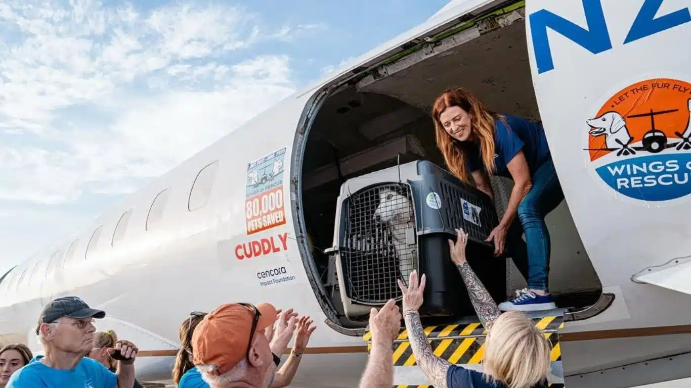 Wings of Rescue helping dogs onto a plane 